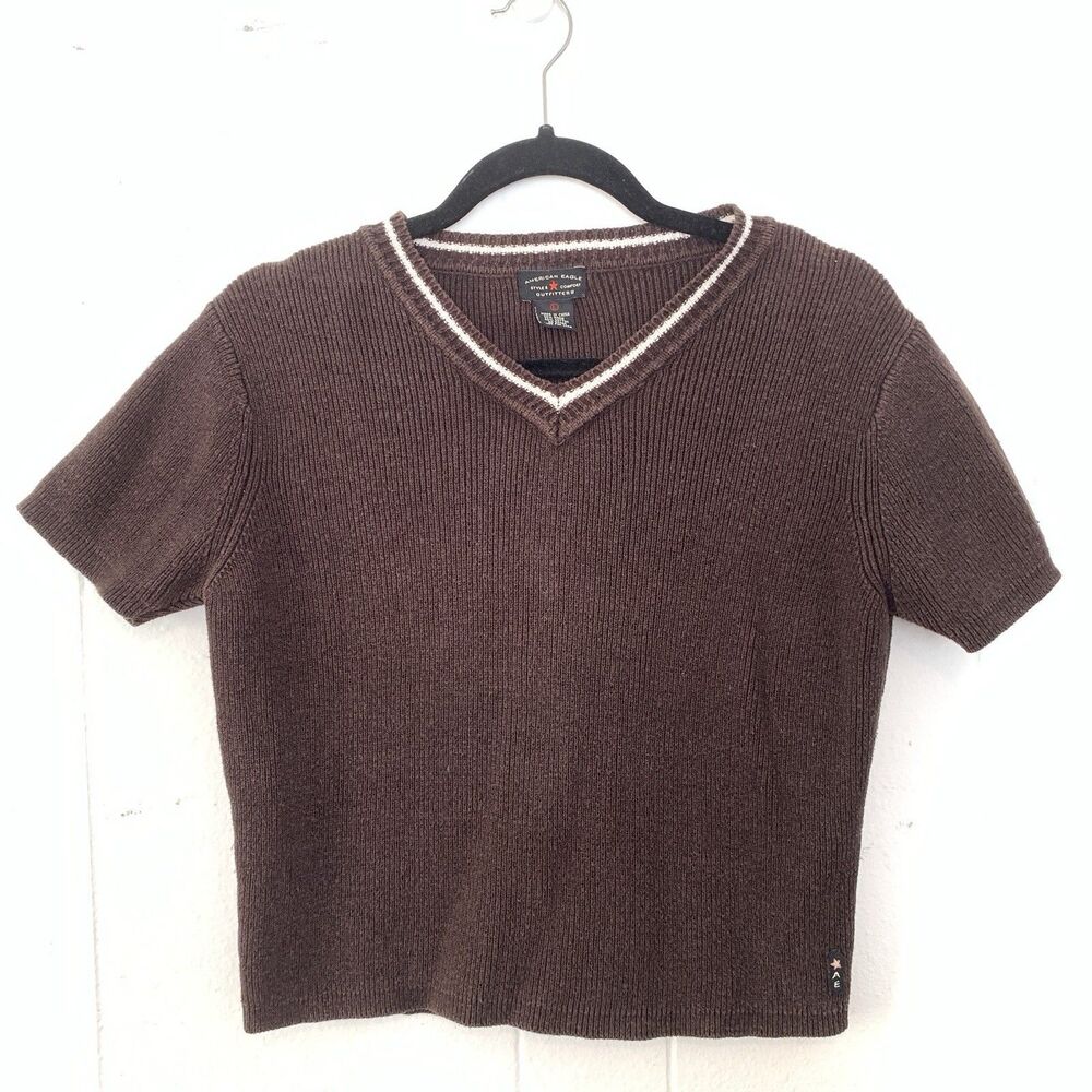 Vtg American Eagle Womens Large Sweater Shirt Ribbed‎ Brown Crop V Neck Y2K
